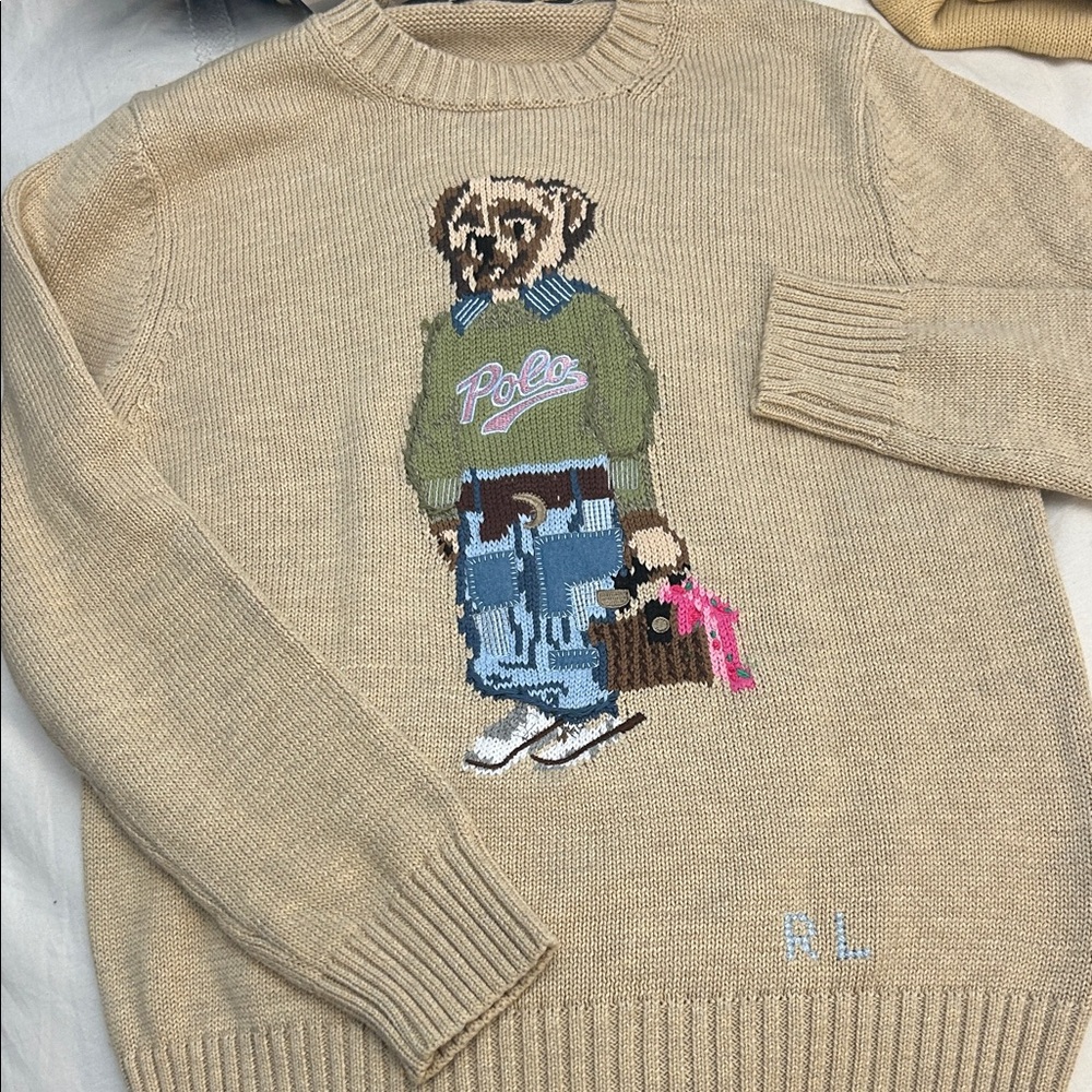 ralph inspired Beige Crewneck Sweater with Bear